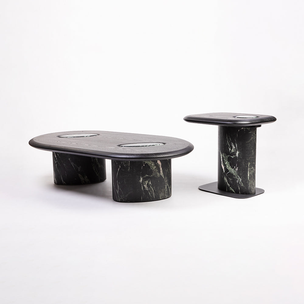 MDF Black Coffee Table with Wooden Base Set of 2