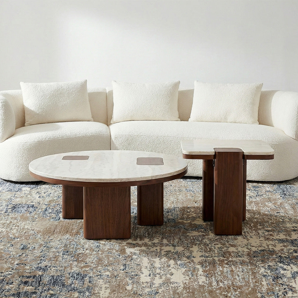 Oduke Beige Marble Coffee Table with Wooden Legs Set of 2