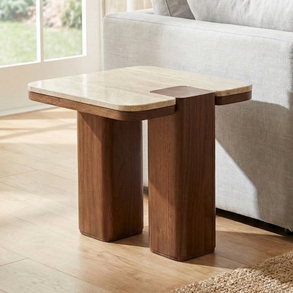 Oduke Beige Marble Square Coffee Table with Wooden Legs - Small