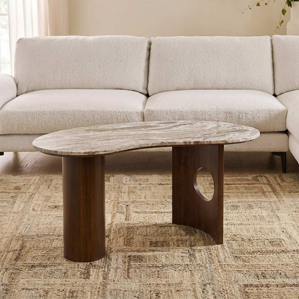Olly Marble Coffee Table with mango wood leg