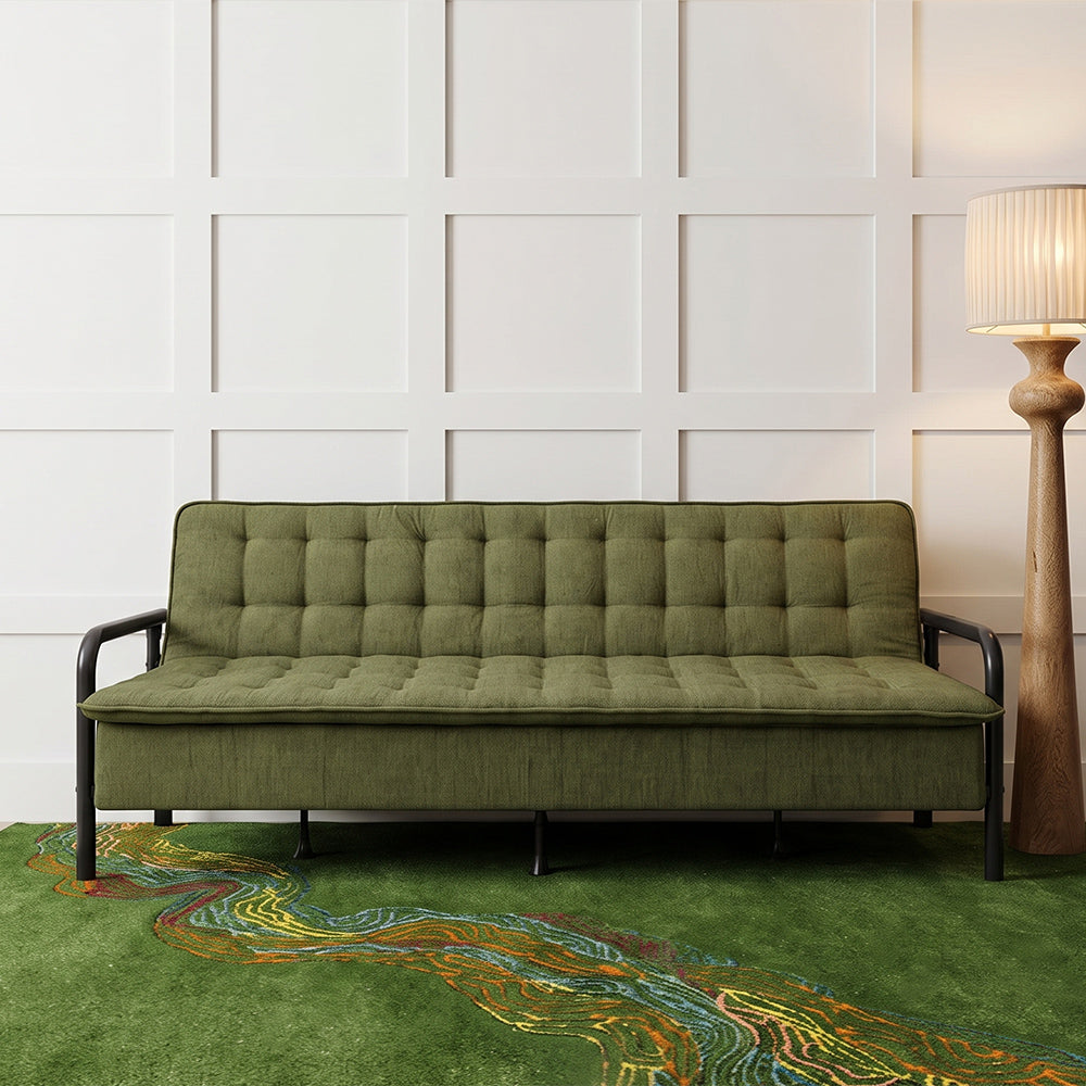 Tufted Convertible 3 Seater Sofa Cum Bed - Olive Green
