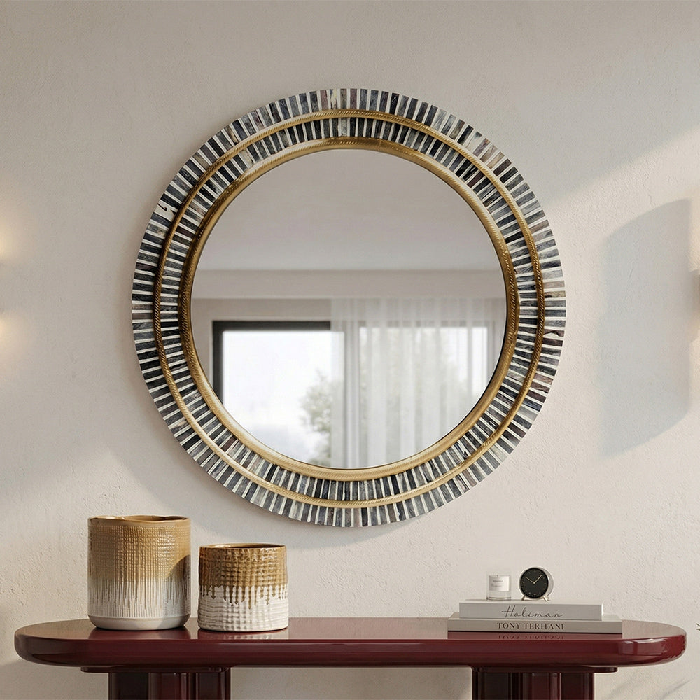 Mahalia Circular Grey Gold Bone Inlay Mirror