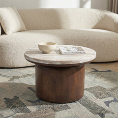 Omar Sawar Marble Round Coffee Table with Wood Base - Large