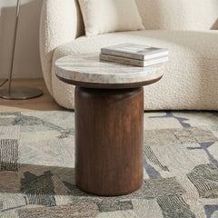 Omar Sawar Marble Round Coffee Table with Wood Base - Small
