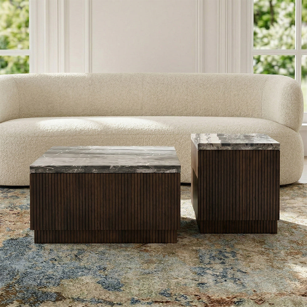 Knox Cappuccino Marble Square Coffee Table with Wood Base Set of 2