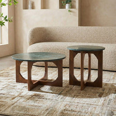 Bea Green Marble Round Coffee Table with Wood Base Set of 2