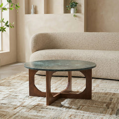 Bea Green Marble Round Coffee Table with Wood Base - Large