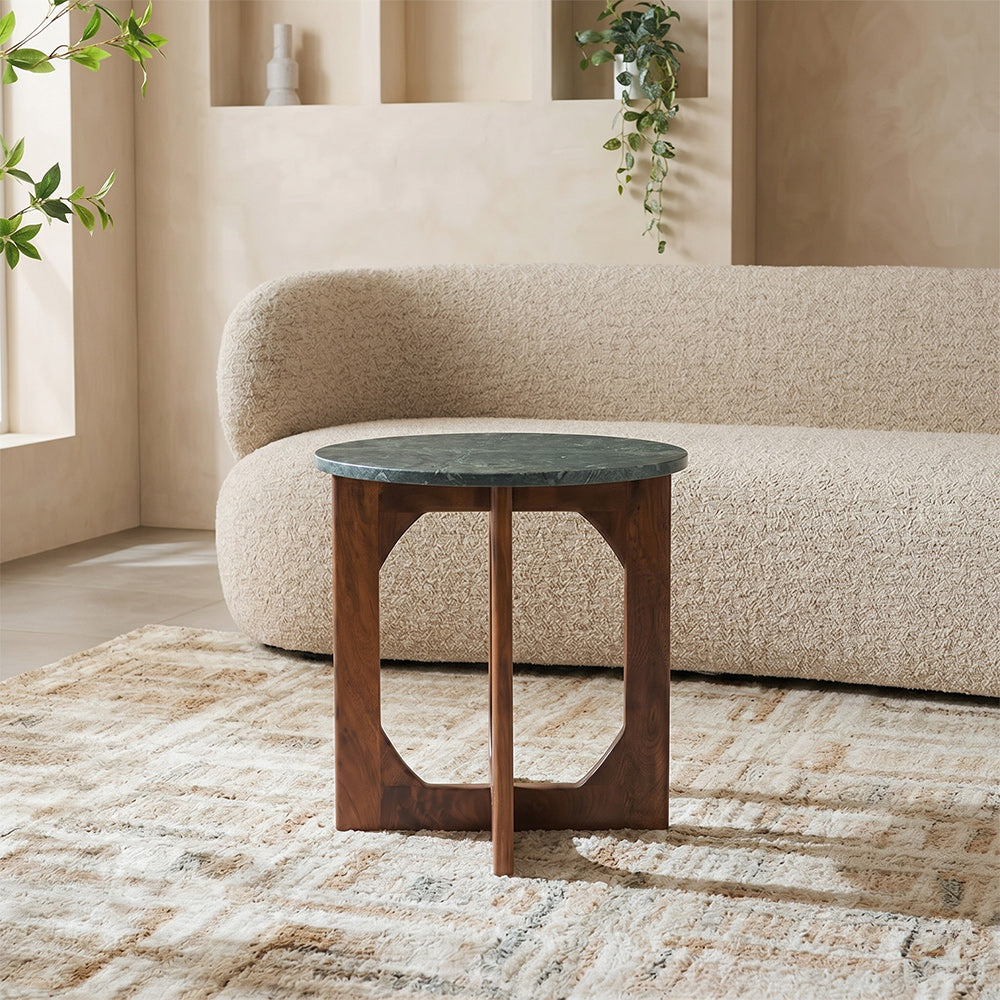 Bea Green Marble Round Coffee Table with Wood Base - Small