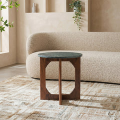 Bea Green Marble Round Coffee Table with Wood Base - Small