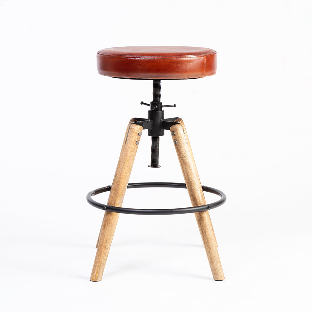 Wooden Carmen Leather Stool with Iron