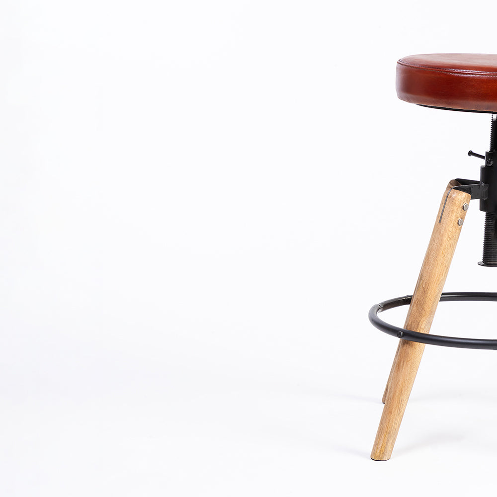 Wooden Carmen Leather Stool with Iron