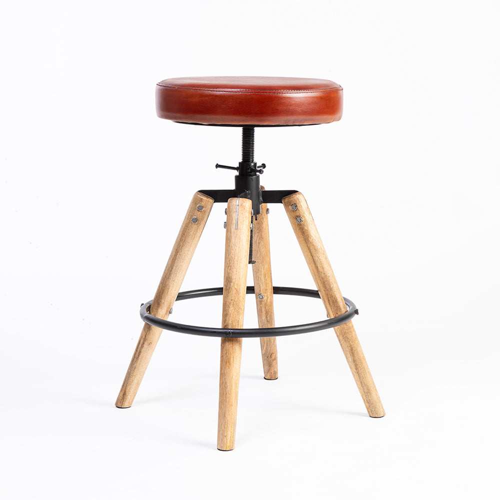 Wooden Carmen Leather Stool with Iron