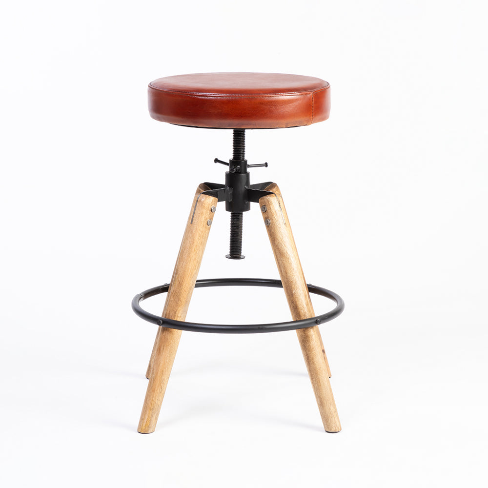 Wooden Carmen Leather Stool with Iron