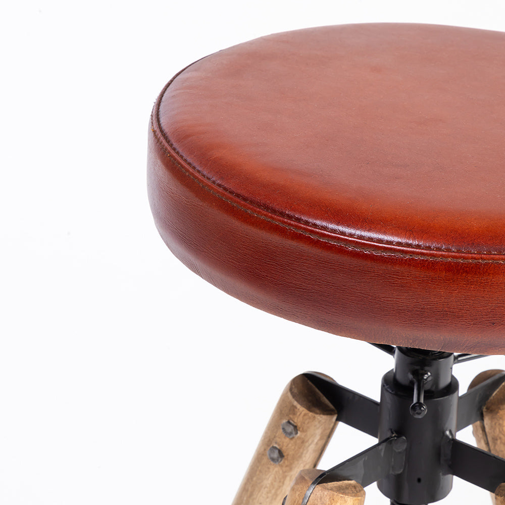 Wooden Carmen Leather Stool with Iron
