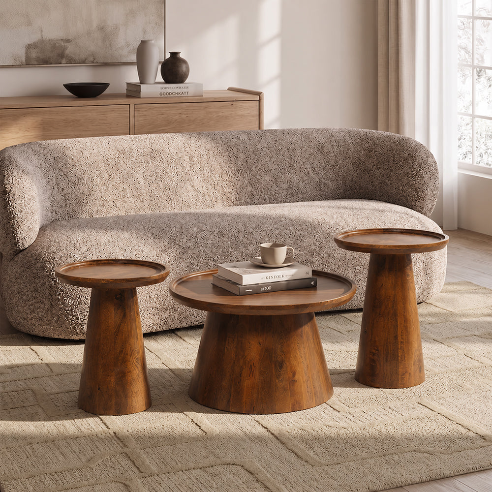 Brown Mango Wood Round Coffee Table Set of 3