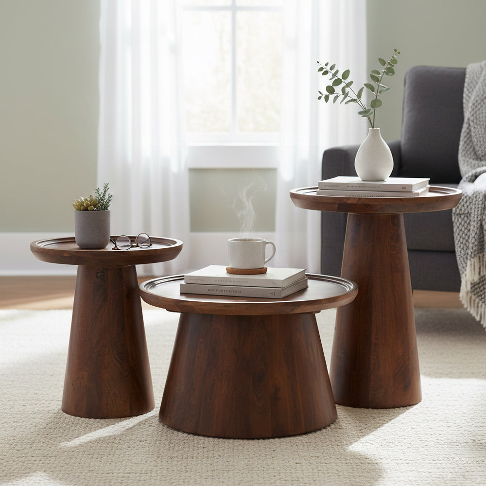 Brown Mango Wood Round Coffee Table Set of 3
