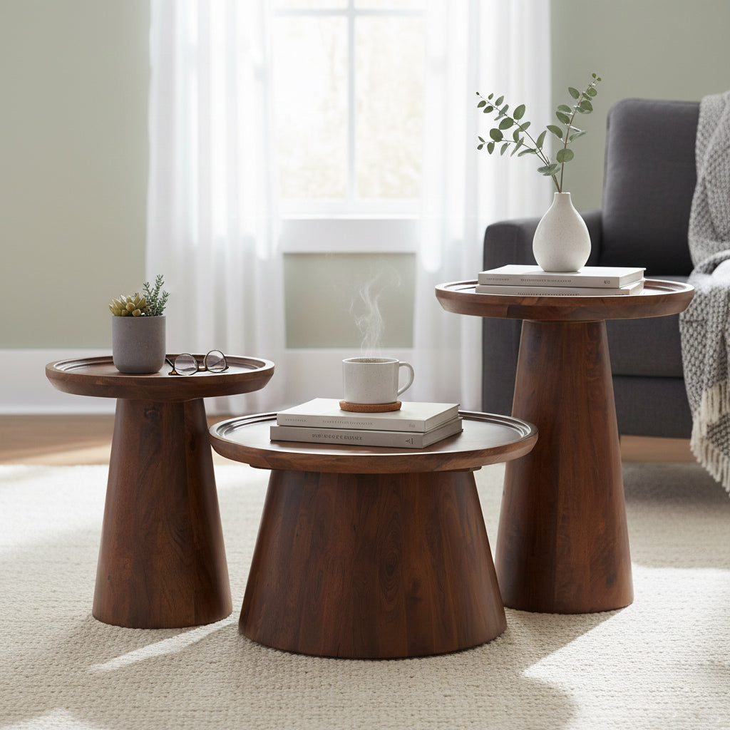 Brown Mango Wood Round Coffee Table Set of 3