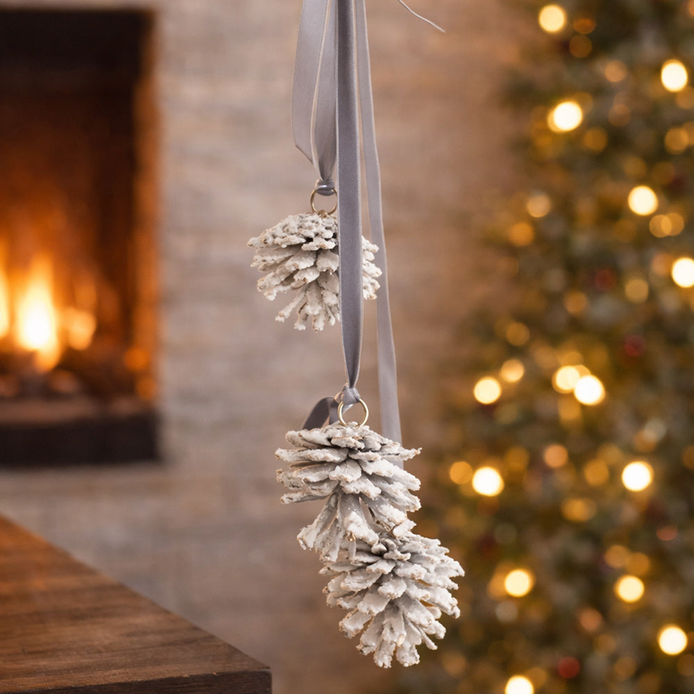 Silver &amp; Frost Pine Cones Ornament
