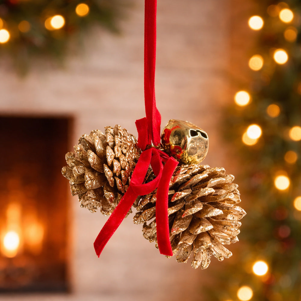 Golden Pine Cones Bell Ornament