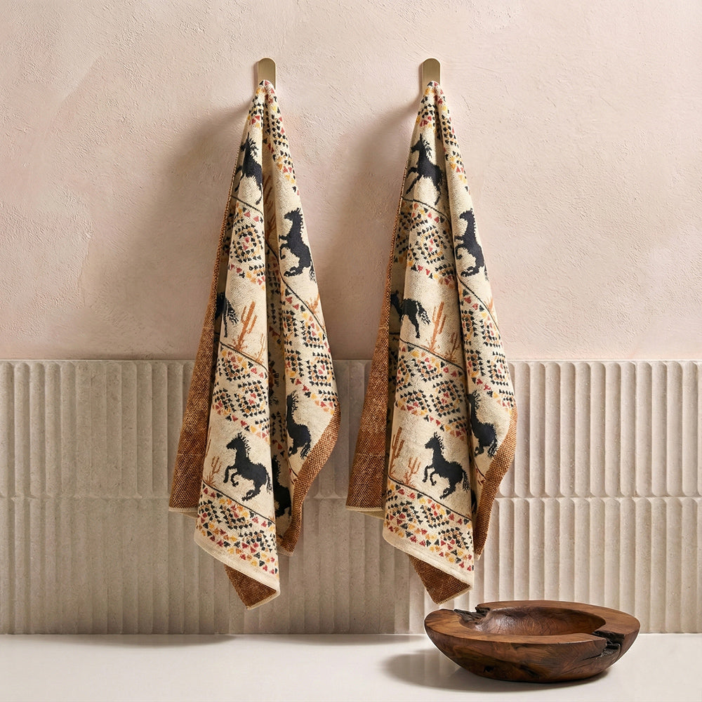 Stallion Spirit Knitted Cotton Kitchen Towel '' Set Of 2 '' In Sunset Gold